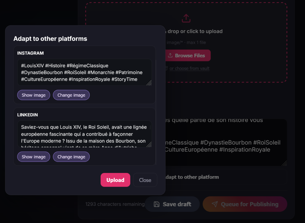 Adaptez votre publication aux différents formats des autres réseaux sociaux connectés. En un clic
