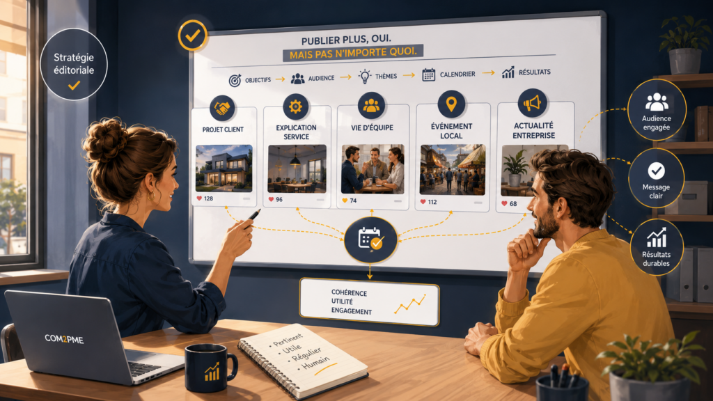 Publier plus, oui mais pas n'importe quoi ! Publiez sur les projets clients, les explications de services, la vie d'équipe, les évènements locaux, l'actualité de l'entreprise, etc.